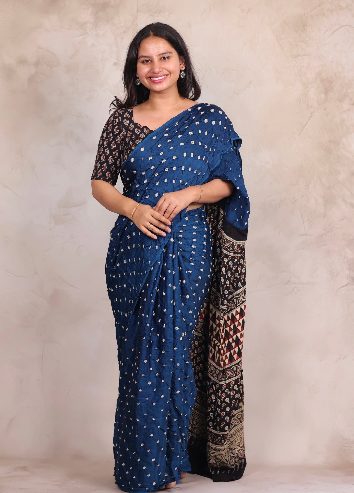 Blue Hand Knotted Bandhej Modal Silk Saree with Ajrakh Pallu | Looms & Tassels