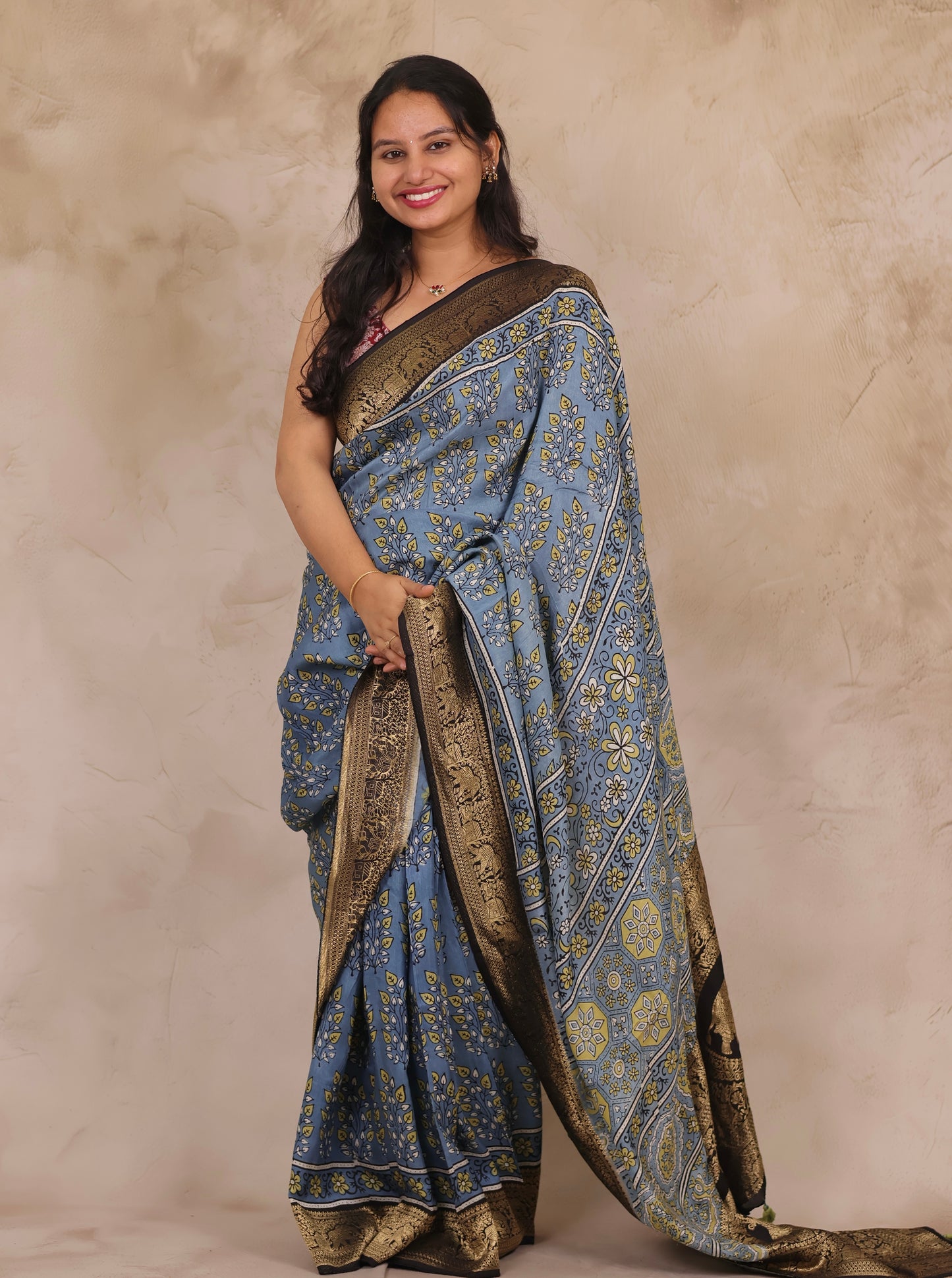 Sky Blue Ajrakh Handblock printed Dola Silk Saree | Looms & Tassels