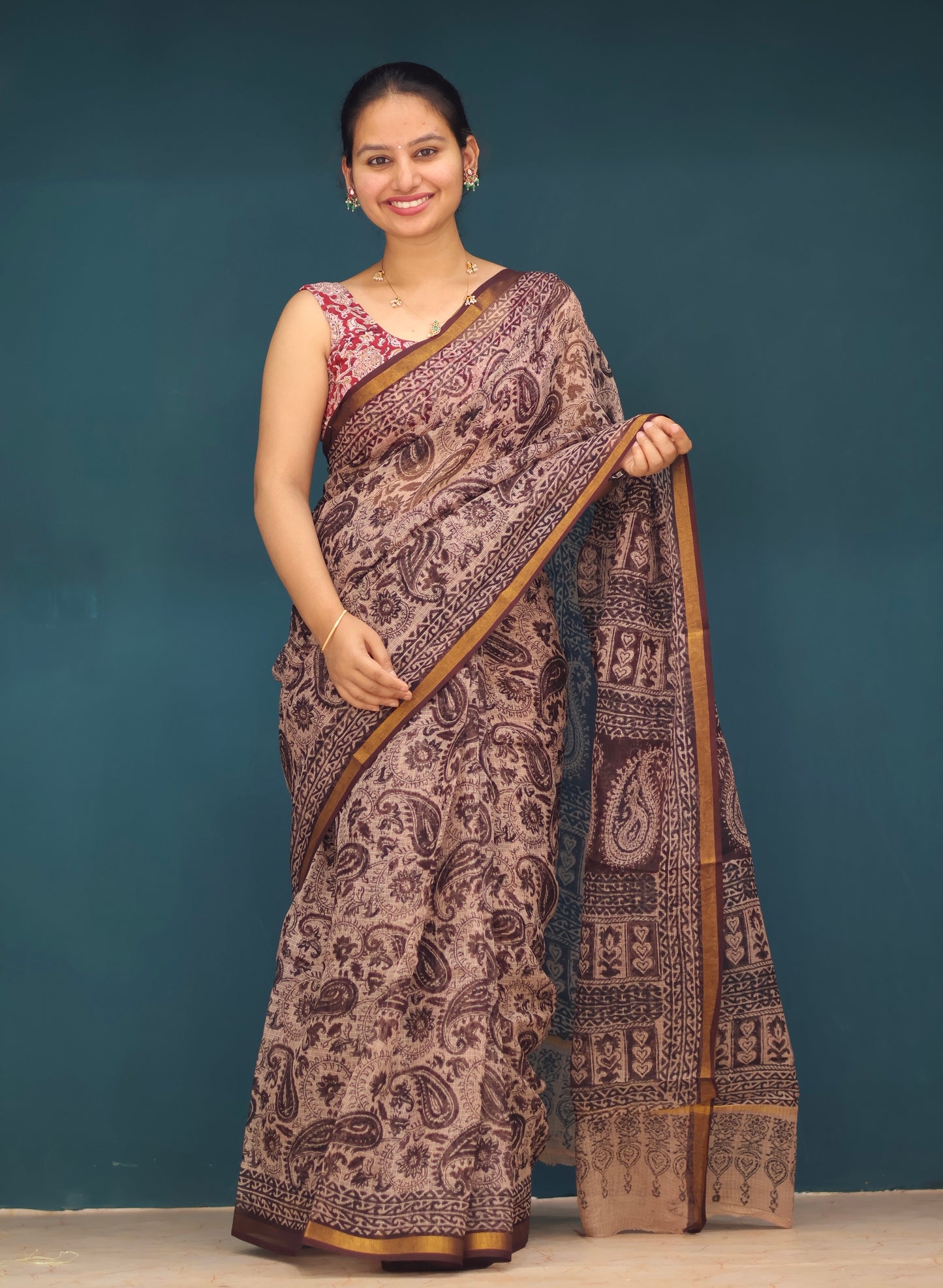 Cream Kalamkari Hand block printed Kota Doria Saree