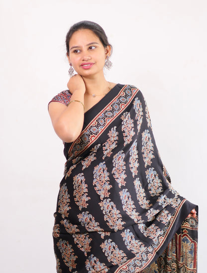 Black Ajrakh Modal Silk Saree