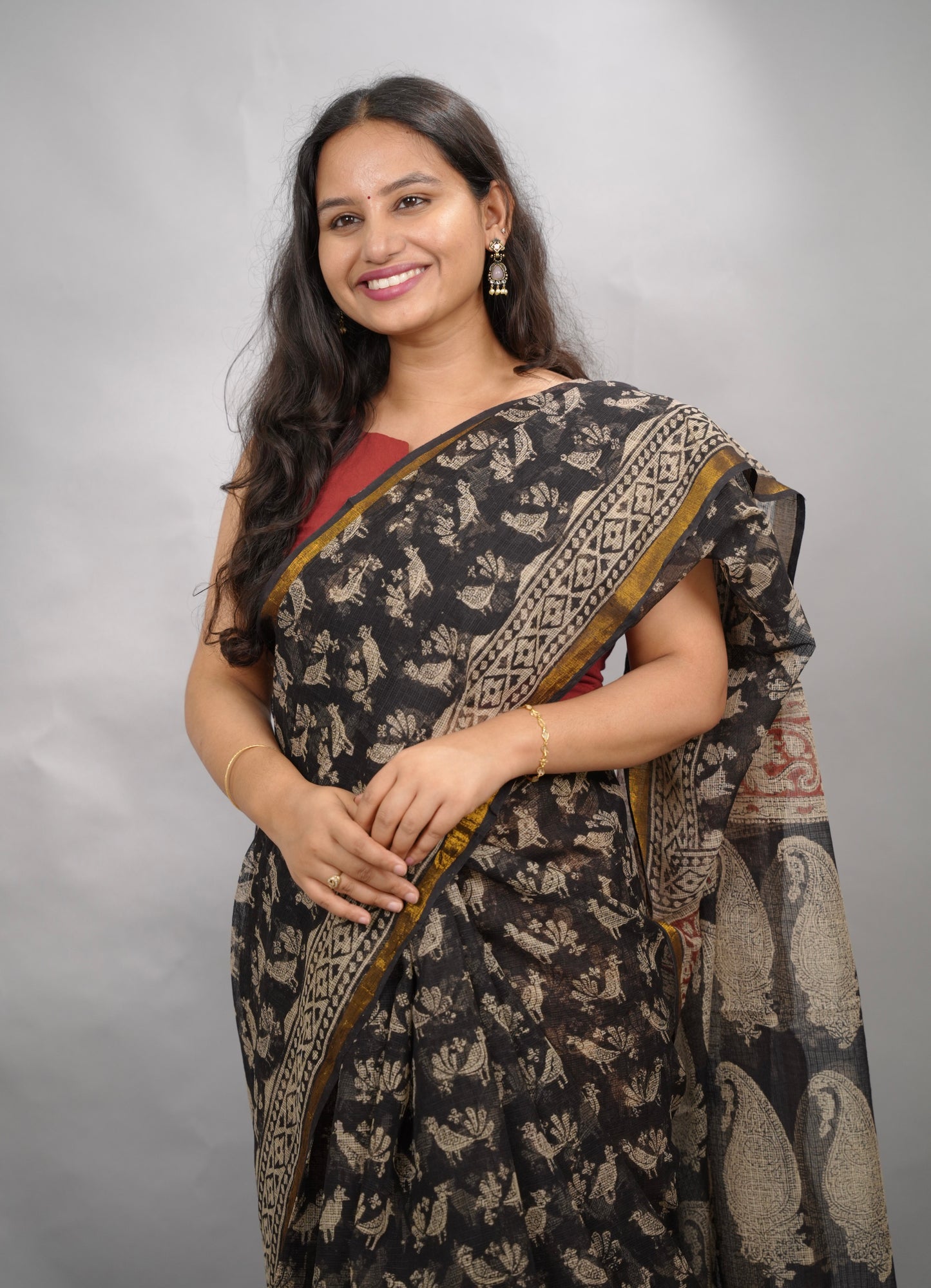 Black Pure Kota Doria Saree with Bagru Handblock Prints | Looms & Tassels