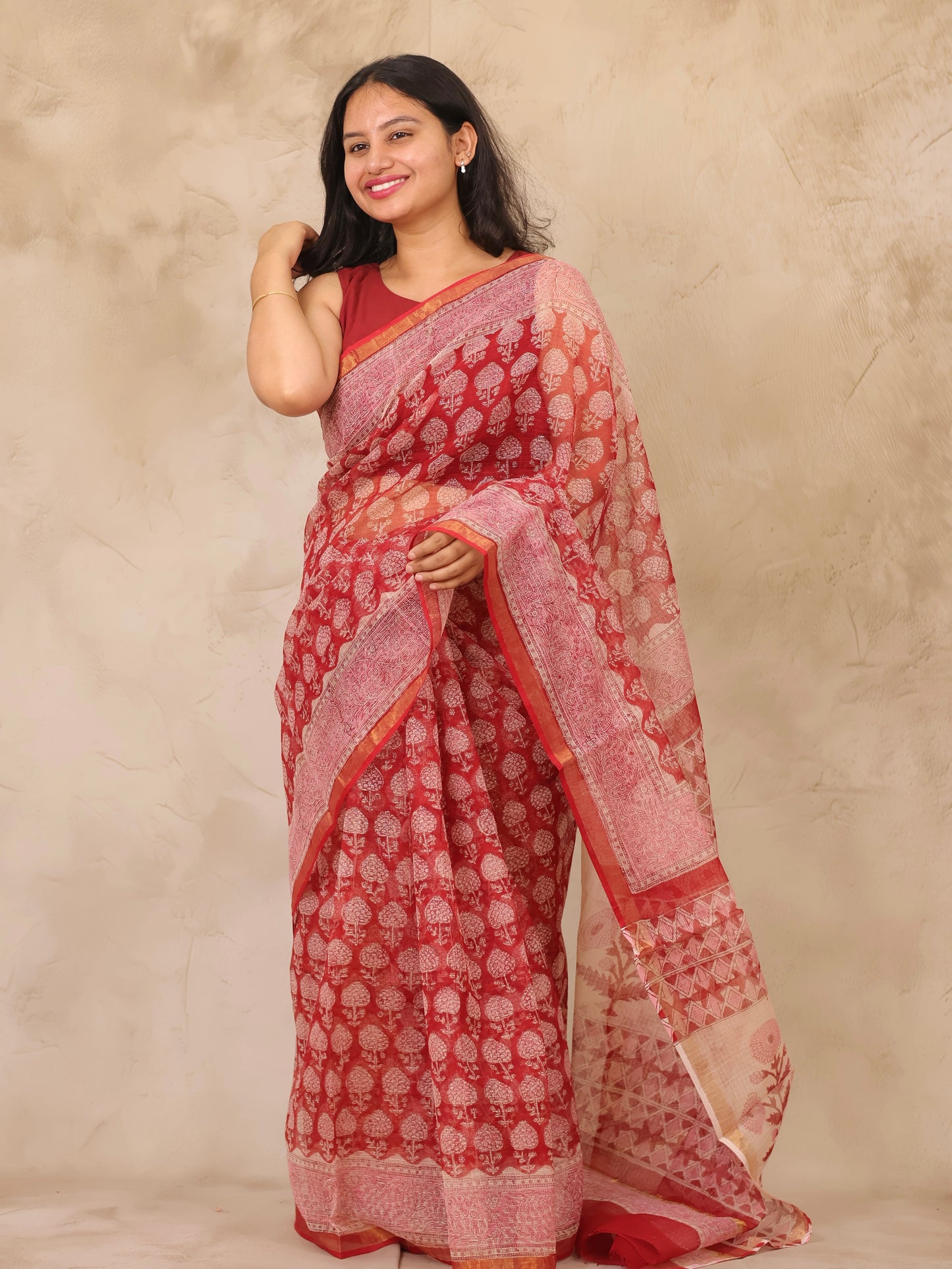 Maroon Pure Kota Doria Saree with Bagru Handblock Prints | Looms & Tassels