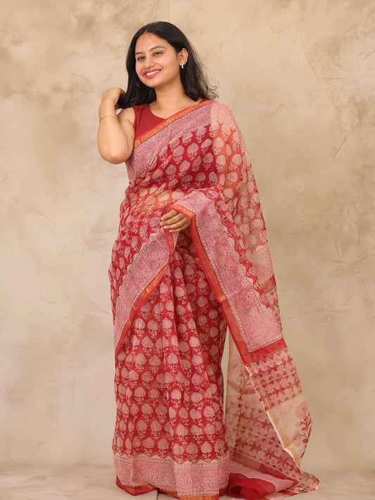 Maroon Pure Kota Doria Saree with Bagru Handblock Prints | Looms & Tassels