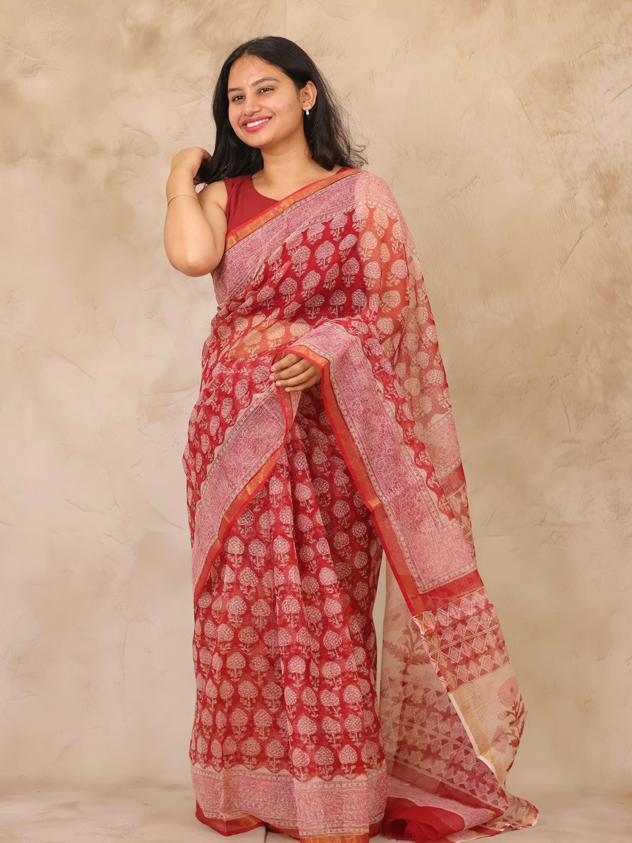 Maroon Pure Kota Doria Saree with Bagru Handblock Prints | Looms & Tassels