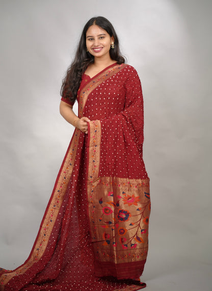 Maroon Handcrafted Bandhani Paithani Dola Silk Saree | Looms & Tassels