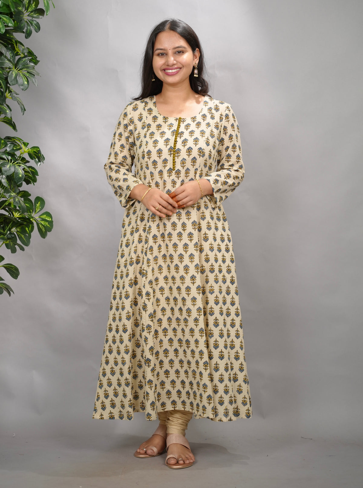 Cream Ajrakh Cotton Kali Kurta | Looms & Tassels