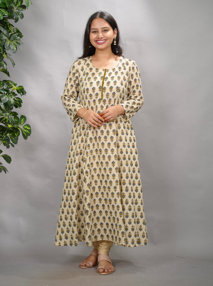 Cream Ajrakh Cotton Kali Kurta | Looms & Tassels