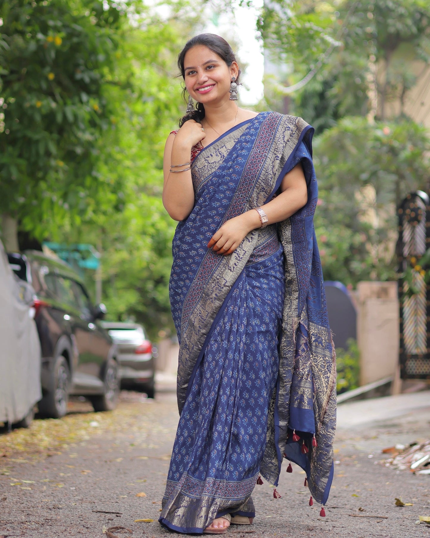 Blue Ajrakh Dola Silk Saree