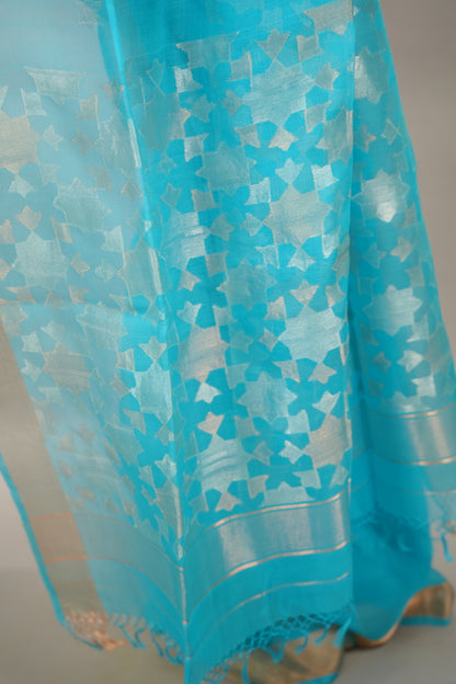 Sky Blue Handloom Muslin Silk Saree With jamdhani weaving | Looms & Tassels