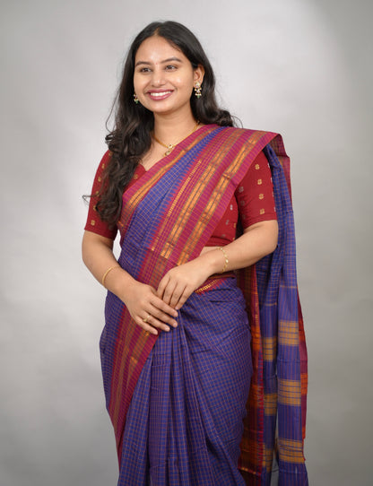 Blue Checks Narayanpet Cotton Saree with Traditional contrast Border | Looms & Tassels