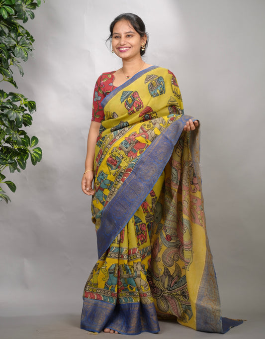 Hand Drawn Pen Kalamkari Parrot Green And Blue Bangalore Silk Kanchi Border Saree | Looms & Tassels