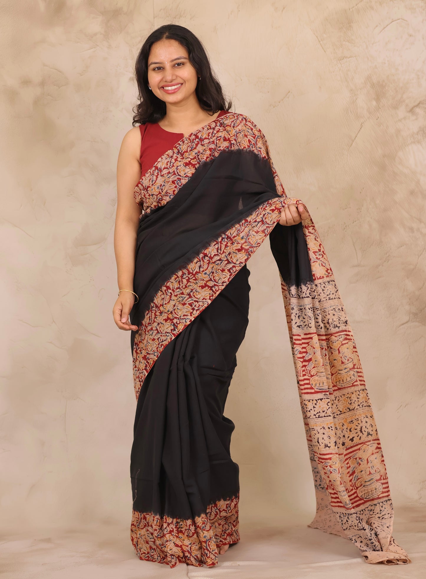 Black Hand Block Printed Kalamkari Cotton Saree | Looms & Tassels