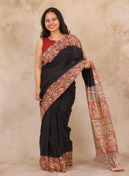Black Hand Block Printed Kalamkari Cotton Saree | Looms & Tassels