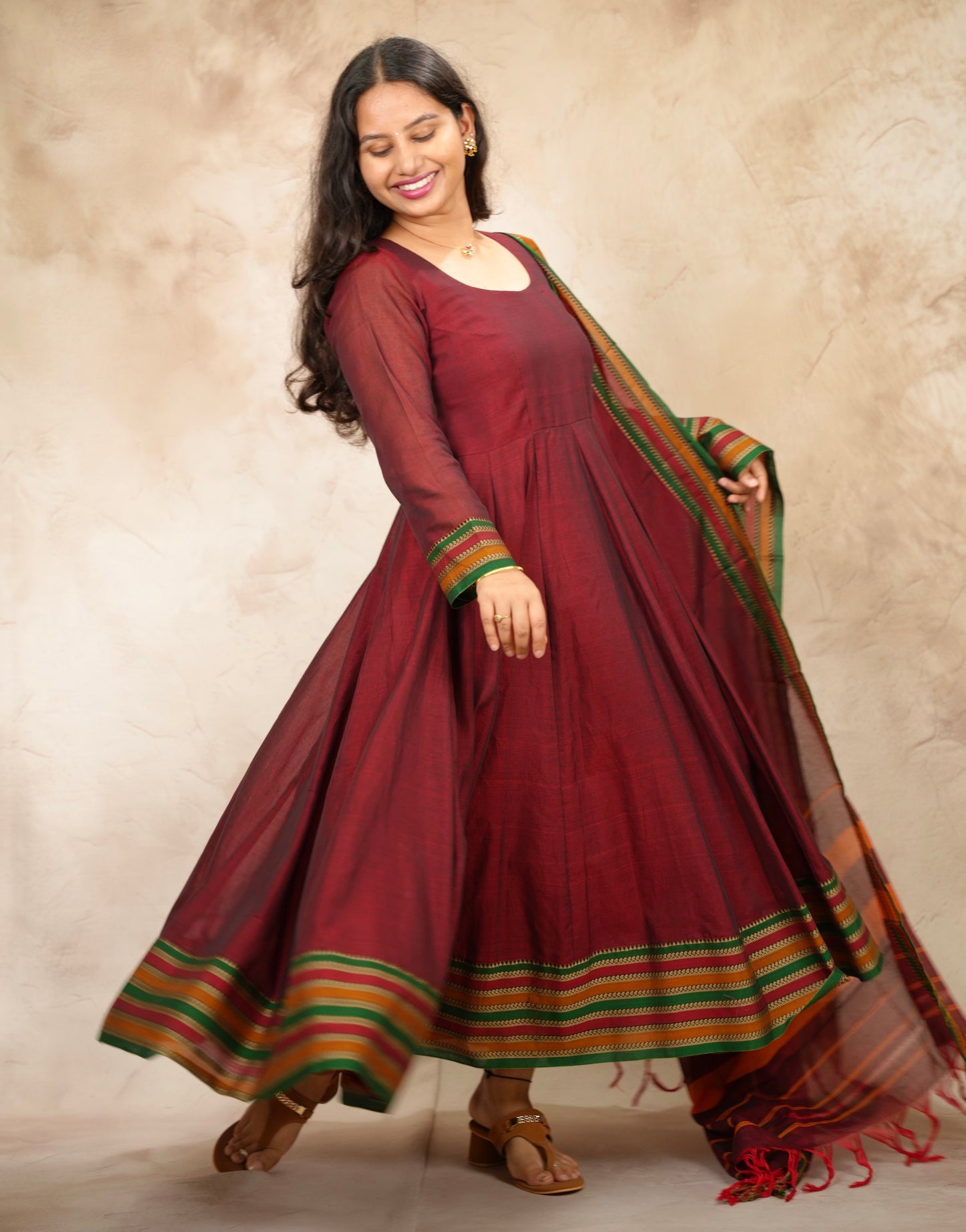 Maroon Narayanpet Cotton Anarkali Dress with Narayanpet Dupatta | Looms & Tassels