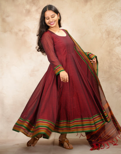 Maroon Narayanpet Cotton Anarkali Dress with Narayanpet Dupatta | Looms & Tassels