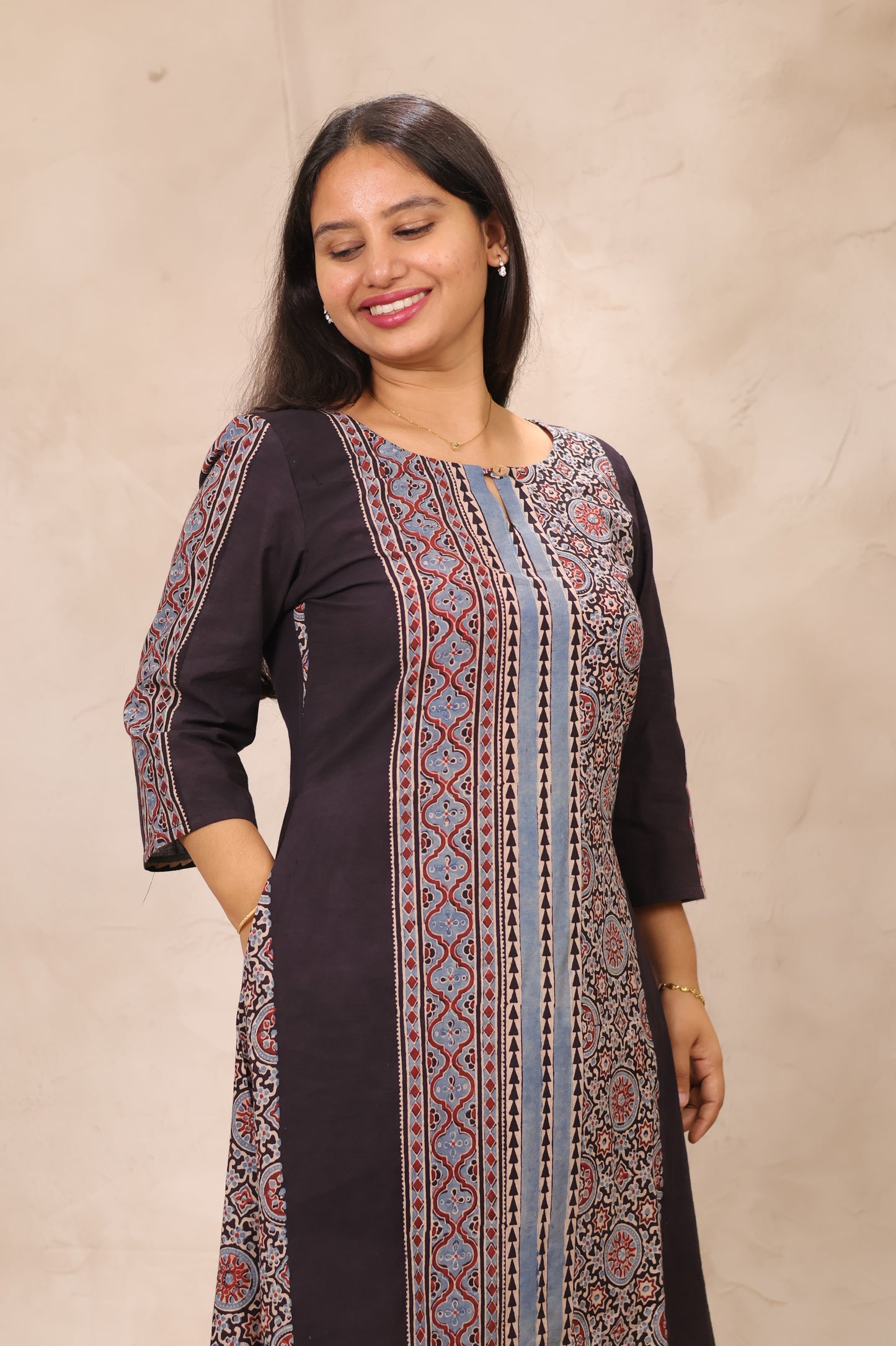 Black Ajrakh Pattern Hand Block printed Aline Kurti | Looms & Tassels