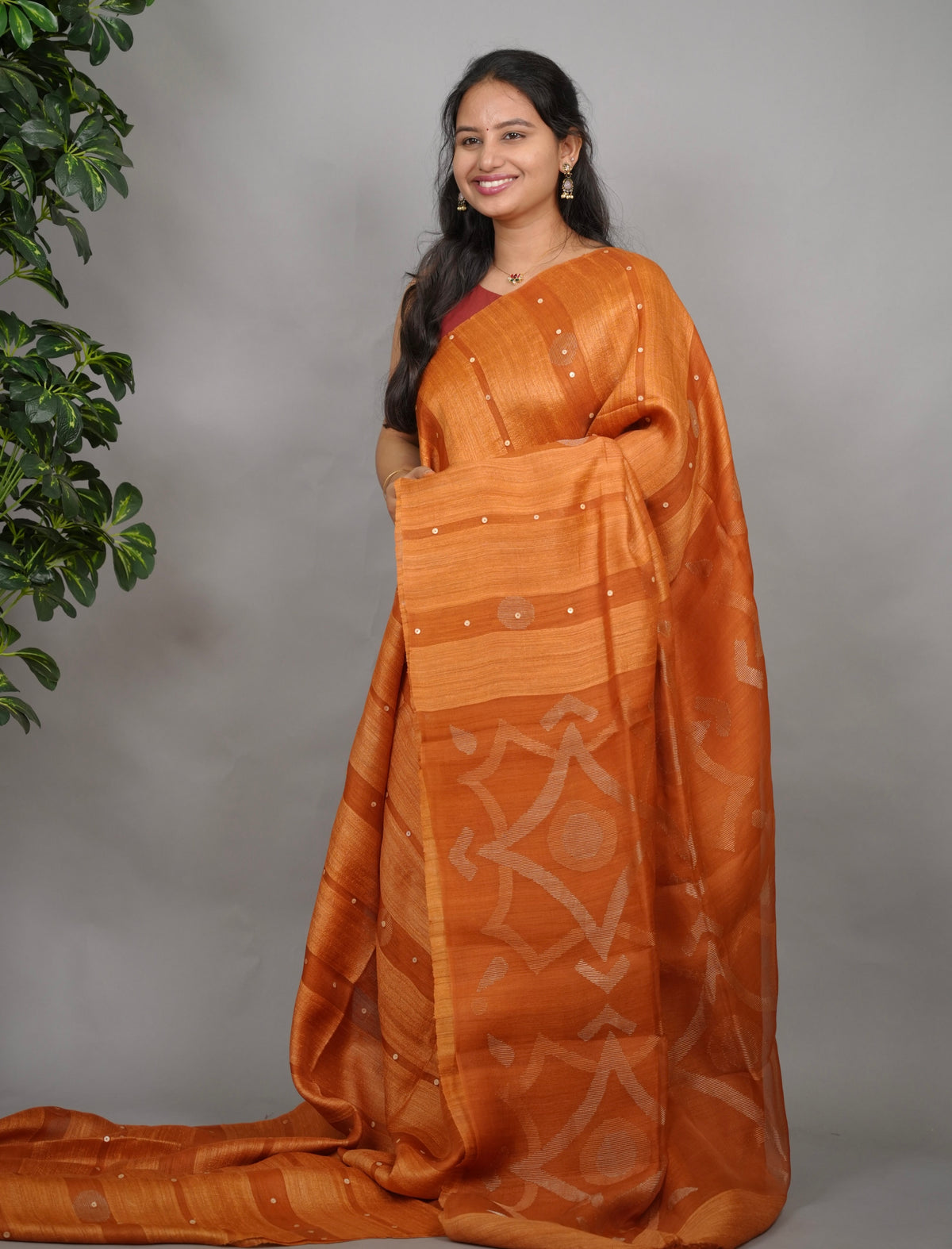 Rust Orange Handloom Jamdhani Pure Matka Silk Saree with Muslin Silk Pallu