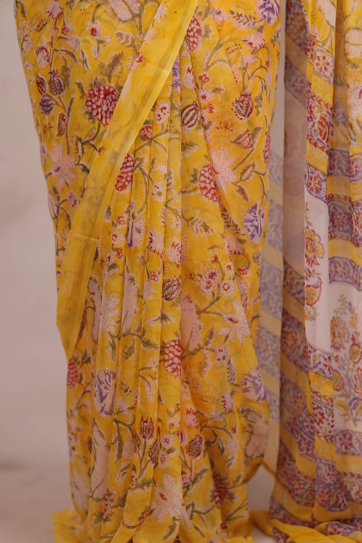 Yellow Chiffon Hand Block Printed Saree | Looms & Tassels