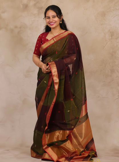 Wine & Green Handloom Maheswari Silk Cotton Sarees | Looms & Tassels