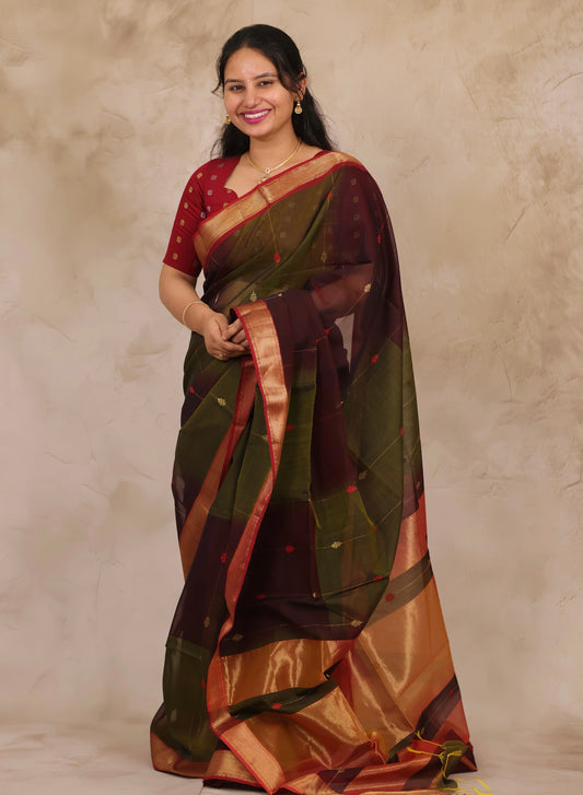 Wine & Green Handloom Maheswari Silk Cotton Sarees | Looms & Tassels