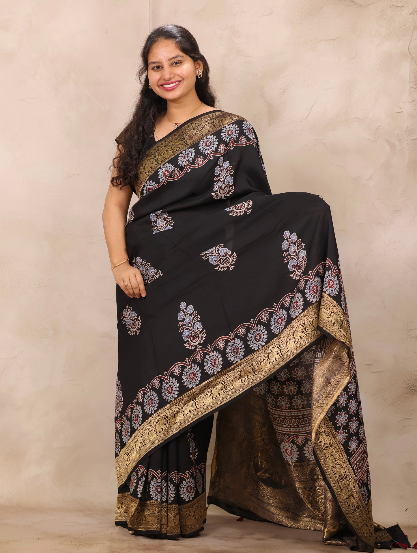 Black Ajrakh Handblock printed Dola Silk Saree | Looms & Tassels