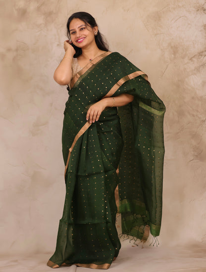 Green Handwoven Muslin Silk Saree With Sequence Work | Looms & Tassels