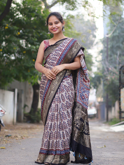 Ajrakh Dola Silk Saree