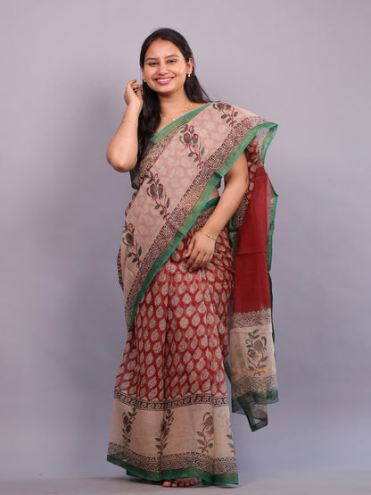 Pure Kota Doria Saree with Bagru Handblock Prints – Maroon | Looms&Tassels