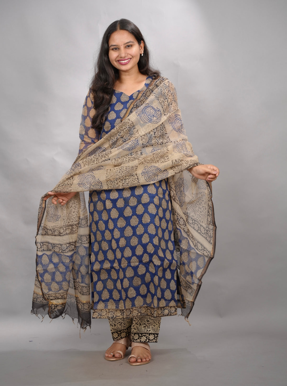 Blue Handblock printed kota 3 piece suit (stitched) | Looms & Tassels