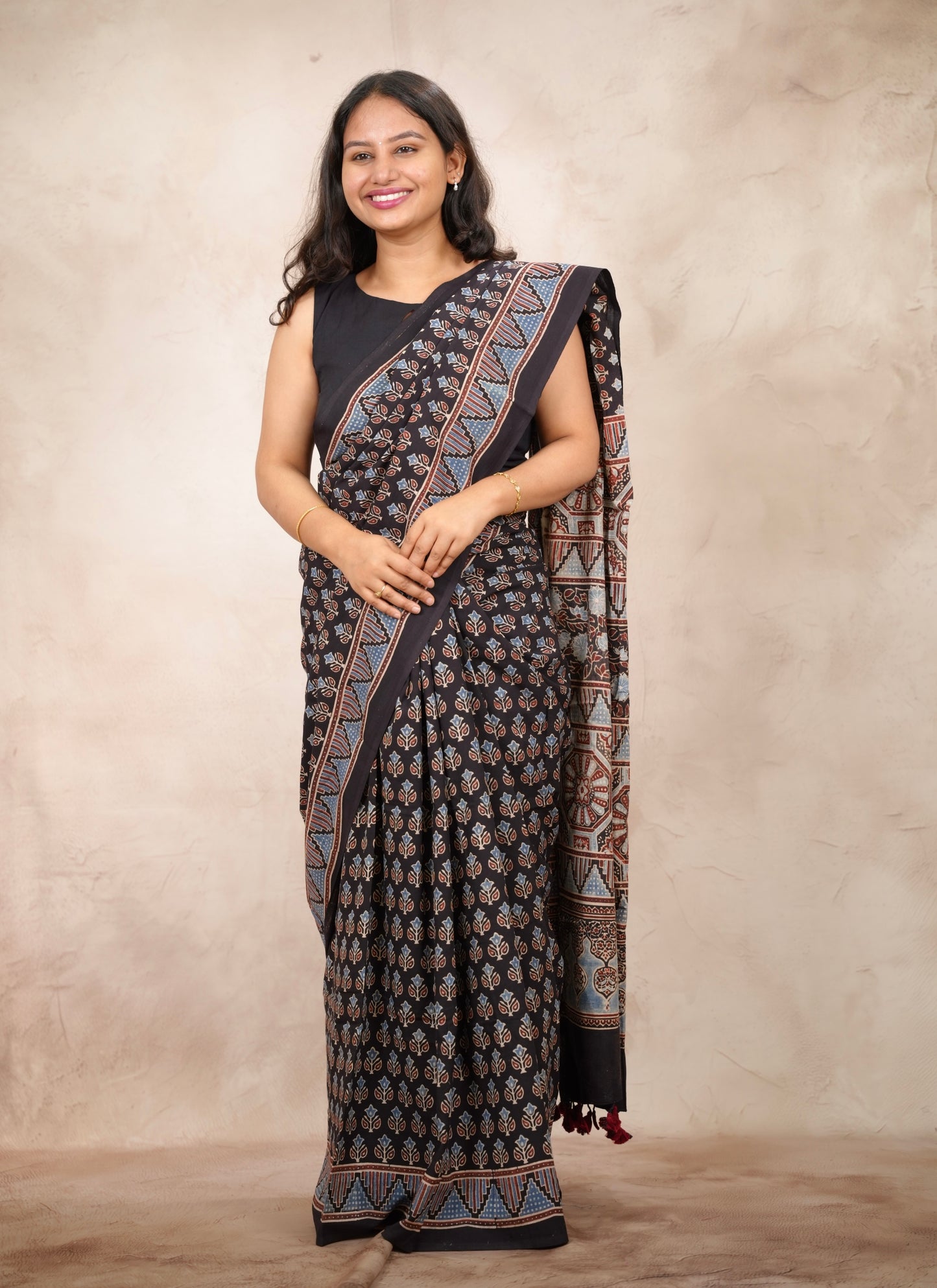 Black Ajrakh Hand Block Printed Cotton Saree | Looms & Tassels