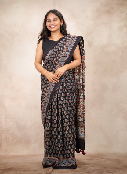 Black Ajrakh Hand Block Printed Cotton Saree | Looms & Tassels