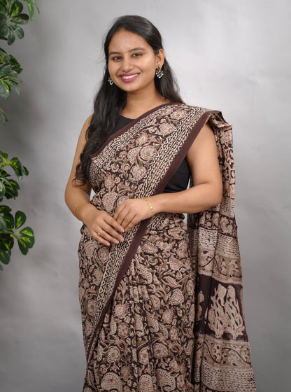 Dark Maroon Hand Block Printed Kalamkari Cotton Saree | Looms & Tassels