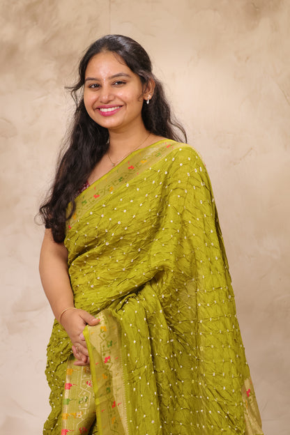Olive Green Handcrafted Bandhani Paithani Dola Silk Saree | Looms & Tassels