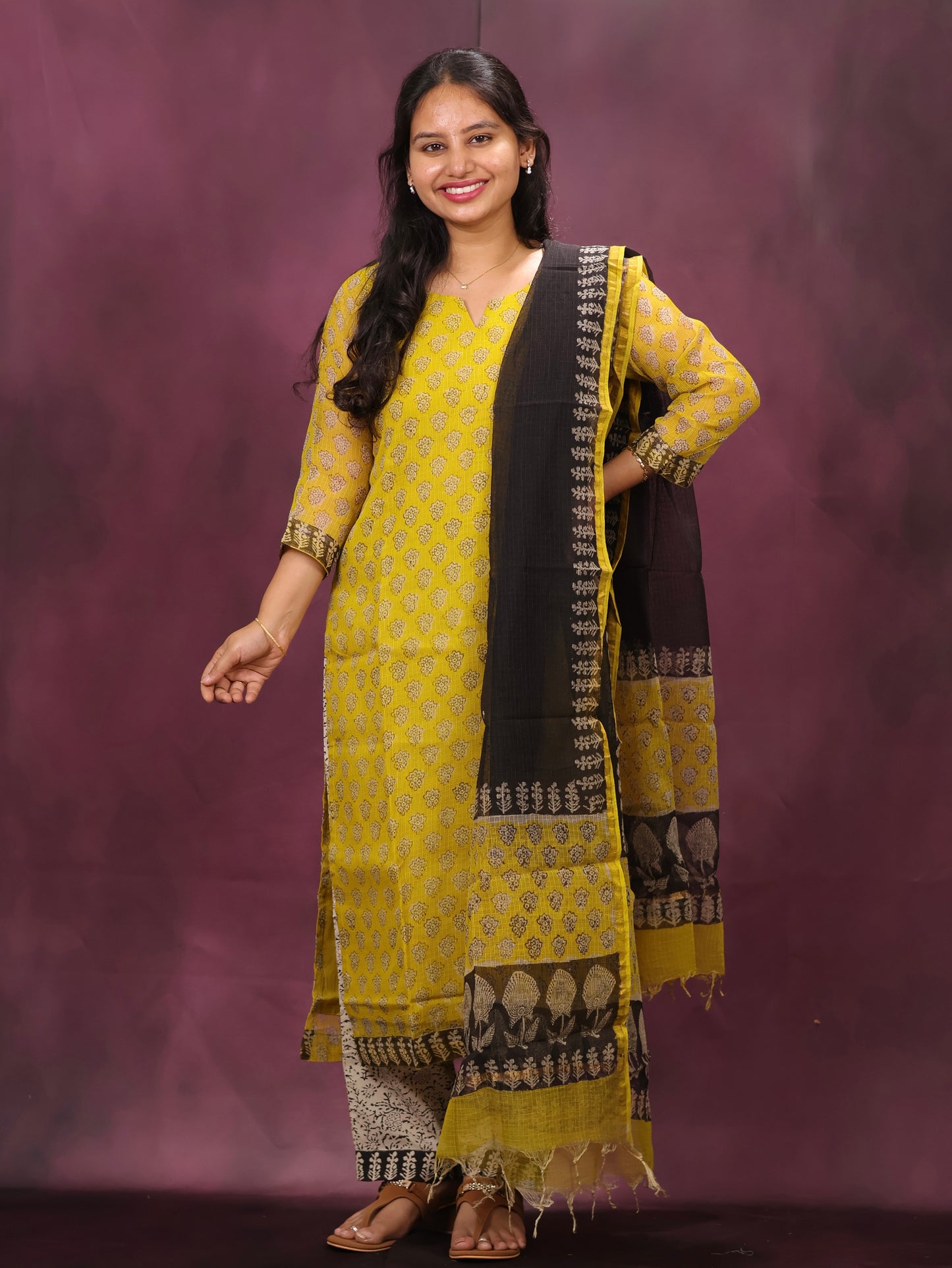 Yellow Handblock printed kota 3 piece suit (stitched)