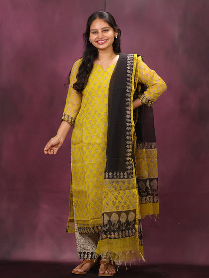 Yellow Handblock printed kota 3 piece suit (stitched)