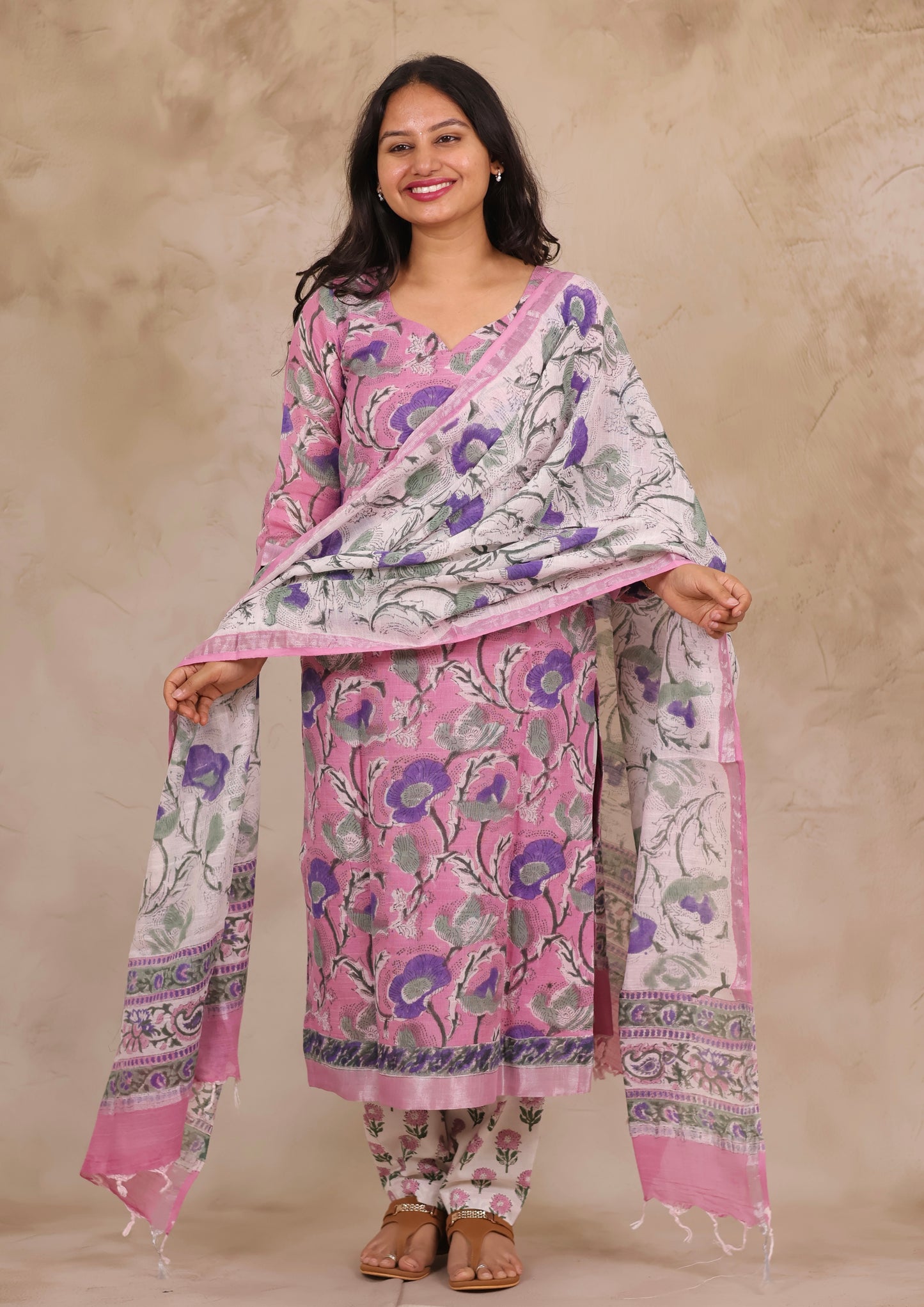 Pastel Pink Linen Cotton Handblock printed 3 piece suit (stitched)