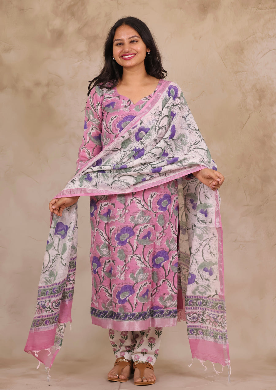 Pastel Pink Linen Cotton Handblock printed 3 piece suit (stitched)