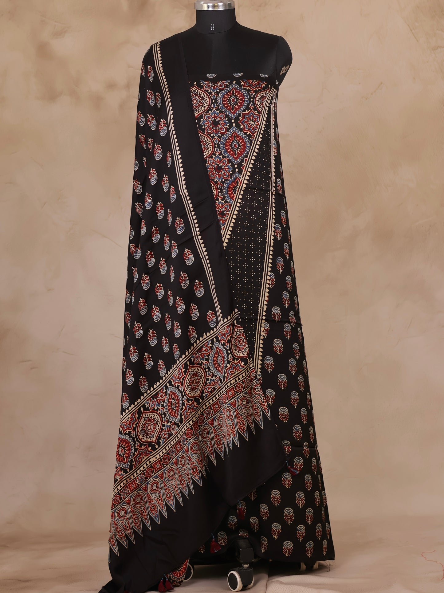 Black Ajrakh Handblock Printed Modal Silk 2 Piece Suit Set | Looms & Tassels