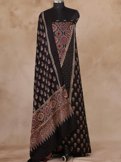 Black Ajrakh Handblock Printed Modal Silk 2 Piece Suit Set | Looms & Tassels
