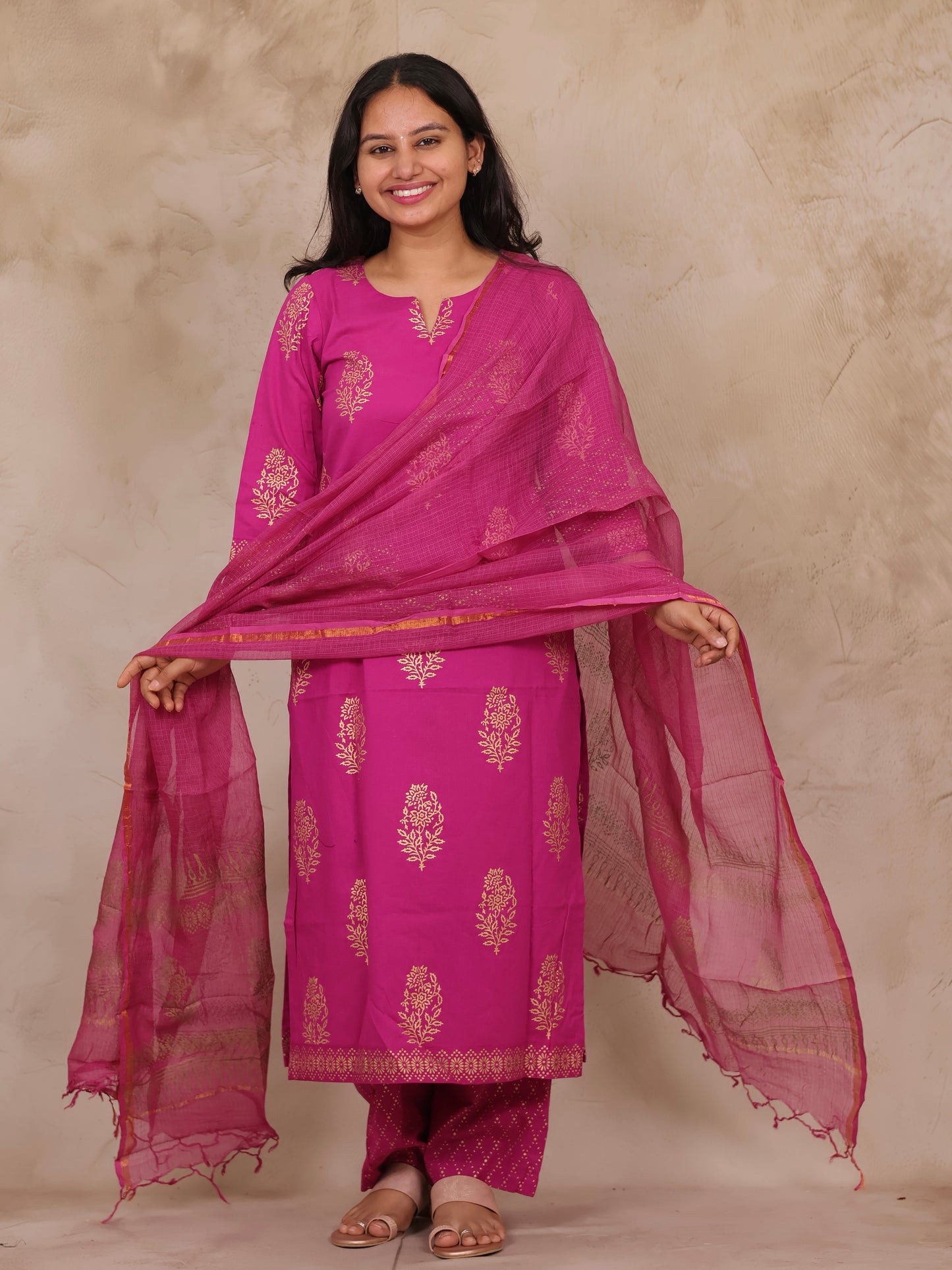 Magenta Handblock printed Pure Mul Cotton with Kota Doria Duppata 3 piece suit (stitched)