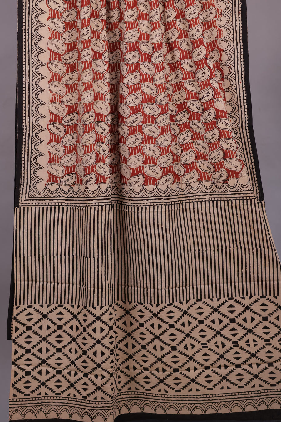 Cream And Red Bagru Handblock printed MulMul cotton saree | Looms & Tassels