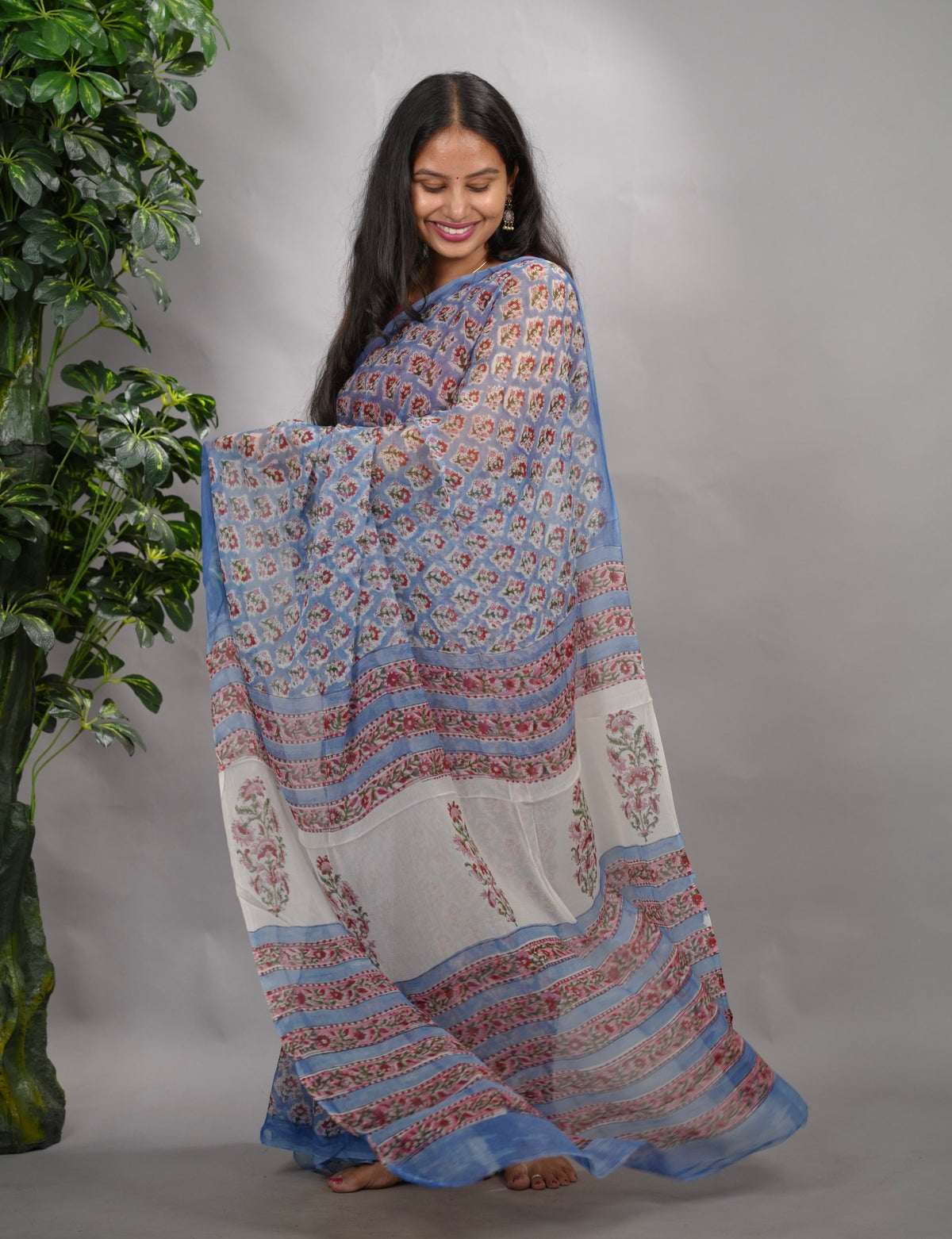 Blue Floral Chiffon Hand Block Printed Saree | Looms & Tassels