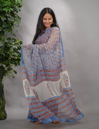 Blue Floral Chiffon Hand Block Printed Saree | Looms & Tassels