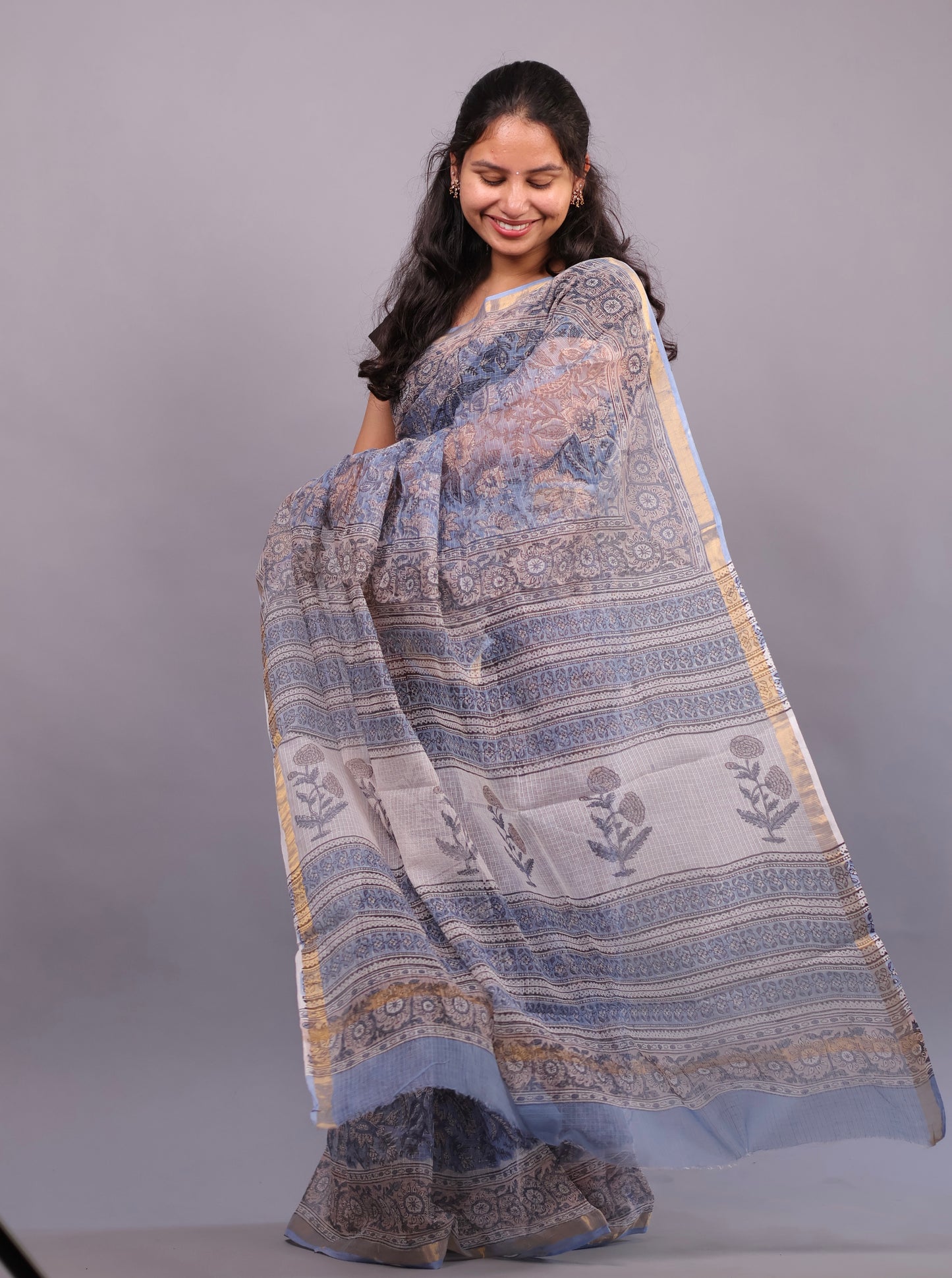 Pure Kota Doria Saree with Bagru Handblock Prints –Blue | Looms&Tassels