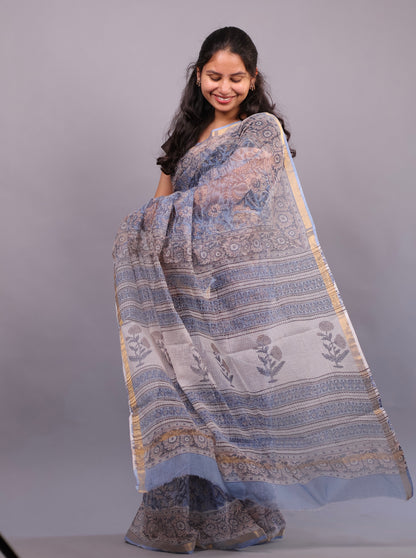 Pure Kota Doria Saree with Bagru Handblock Prints –Blue | Looms&Tassels