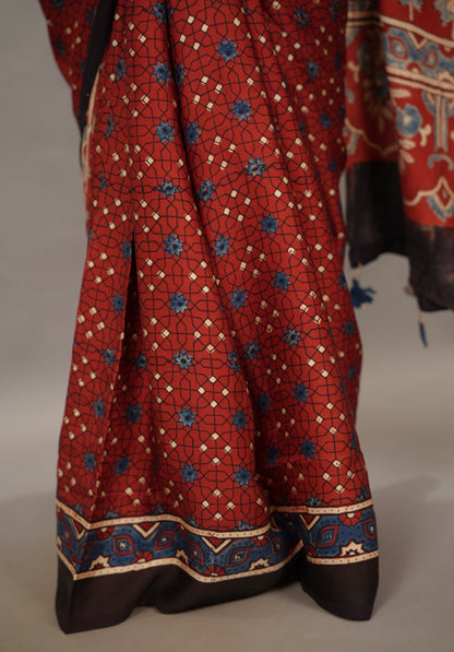 Maroon Authentic Ajrakh Handblock Printed Modal Silk Saree | Looms & Tassels