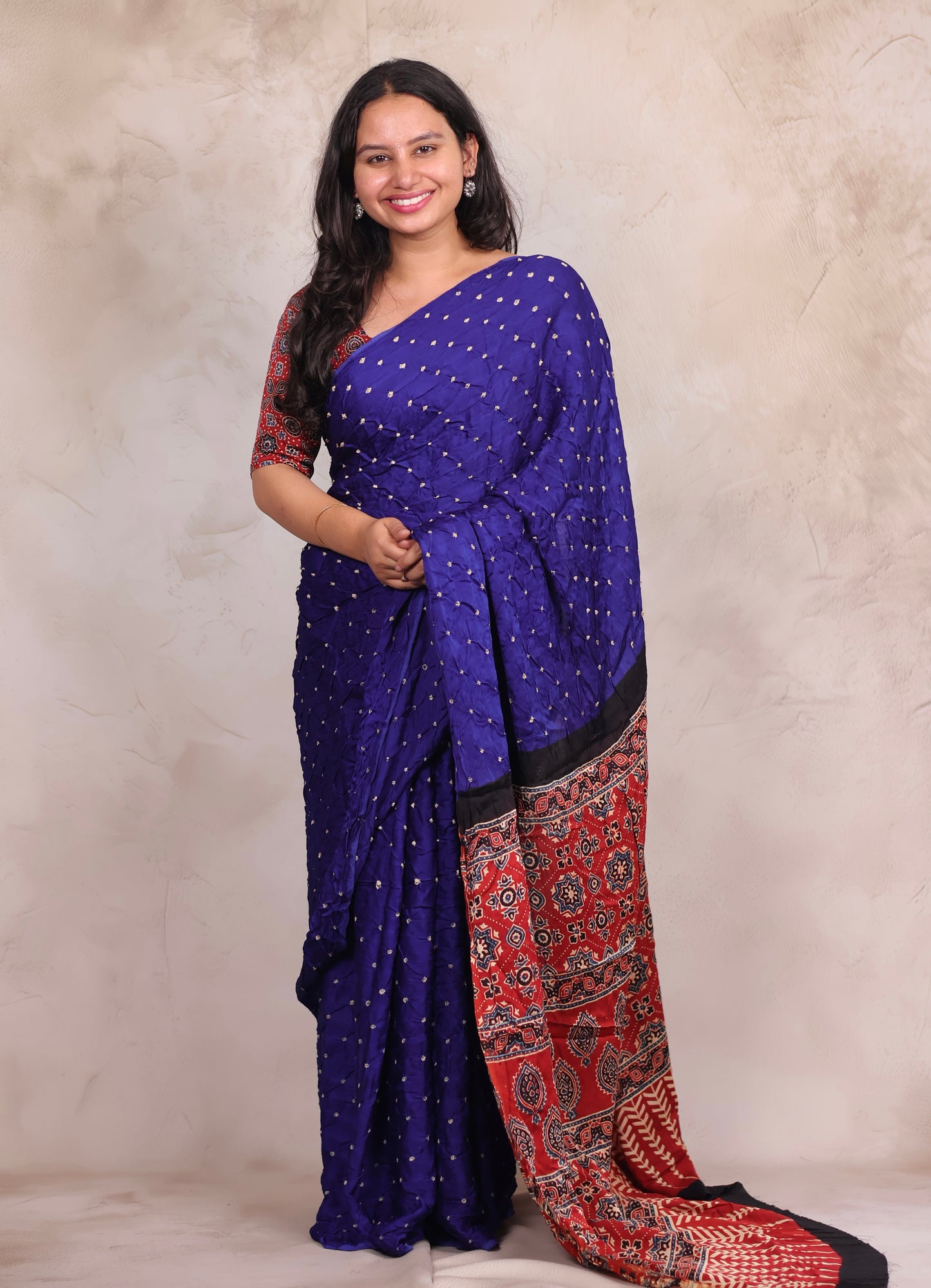 Royal Blue Hand Knotted Bandhej Modal Silk Saree with Ajrakh Pallu | Looms & Tassels