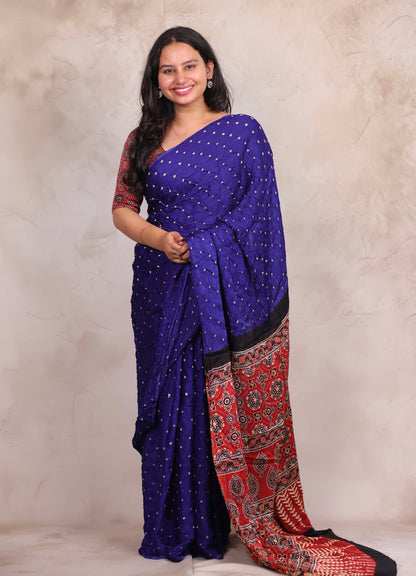 Royal Blue Hand Knotted Bandhej Modal Silk Saree with Ajrakh Pallu | Looms & Tassels