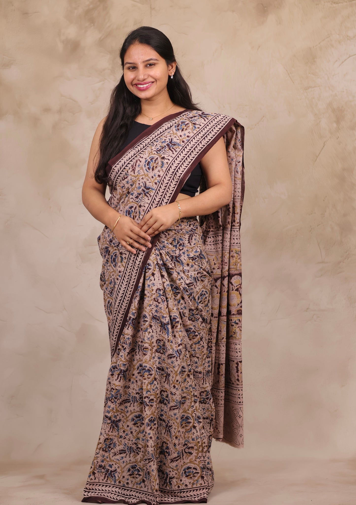 Cream Hand Block Printed Kalamkari Cotton Saree | Looms & Tassels