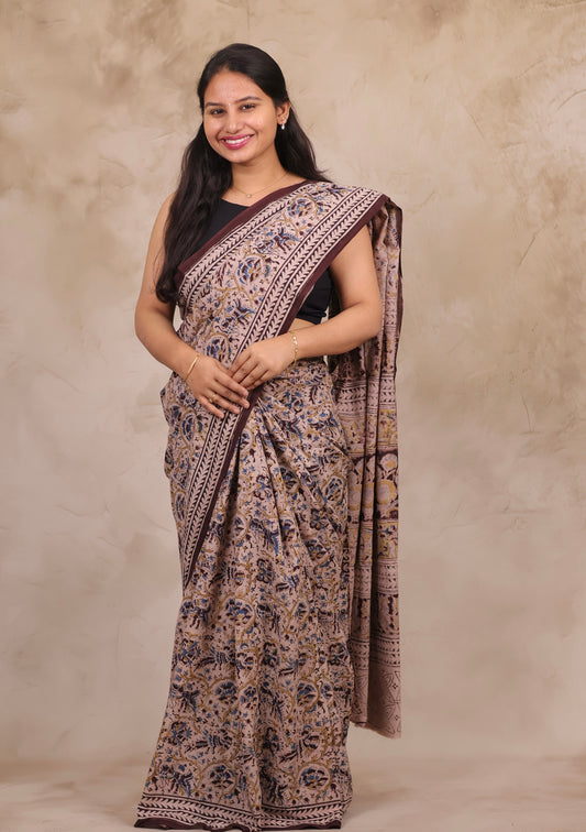 Cream Hand Block Printed Kalamkari Cotton Saree | Looms & Tassels